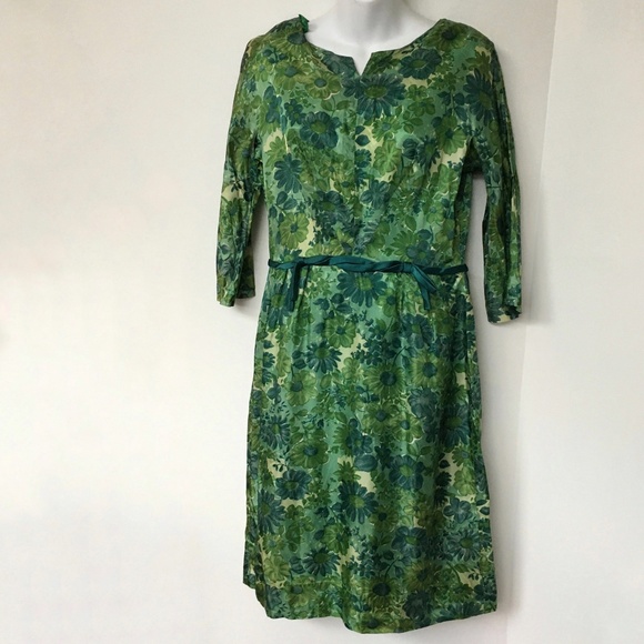 Vintage 60s Dress Below Knee Green Floral Fitted Ambassador Mi-Lady - Picture 5 of 8